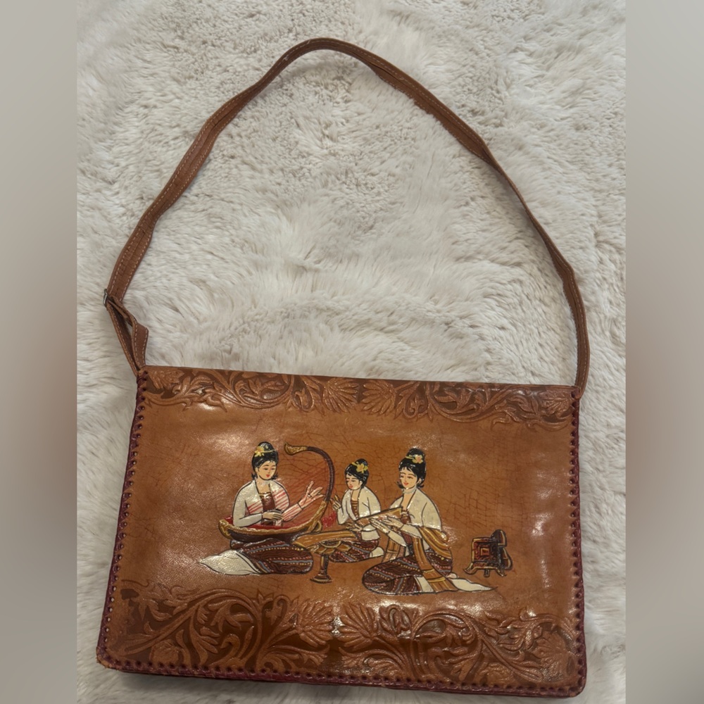 Artisan Brown Leather Tote with Cultural Asian Tooled design